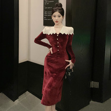 1392跨境外贸女装批发东南亚法式复古感v领蕾丝拼接丝绒连衣裙女