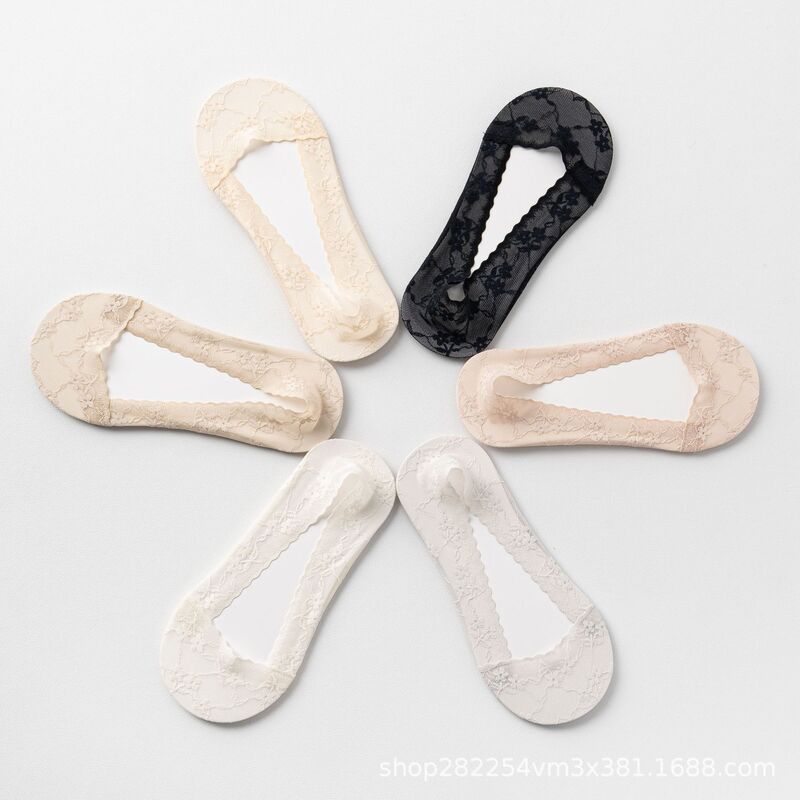 Spring and Summer New Boat Socks Shallow Mouth Women's Lace Invisible Socks Don't Fall off Silicone Anti-cotton Sweat Absorbing Shoes Short Socks