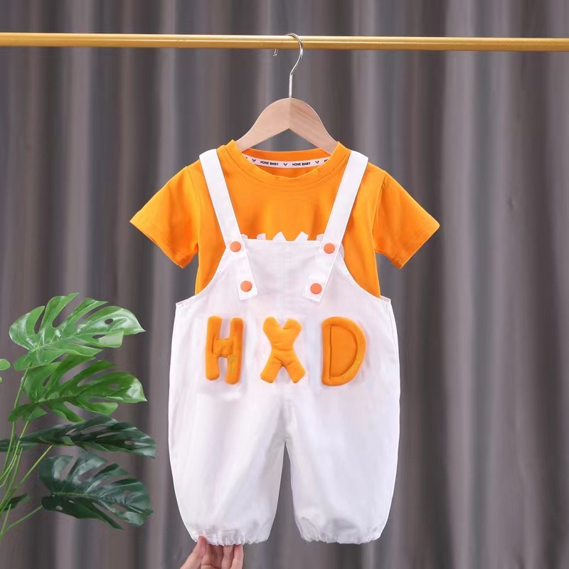 儿童韩版夏装女宝男宝洋气潮服男童夏季短袖衣服小孩卡通背带裤潮