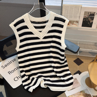 Plus Size Knitted Ice Silk Outer Vest for Women, Fat mm Stripesd Sleeveless V-Neck Top, Chic and Unique Top