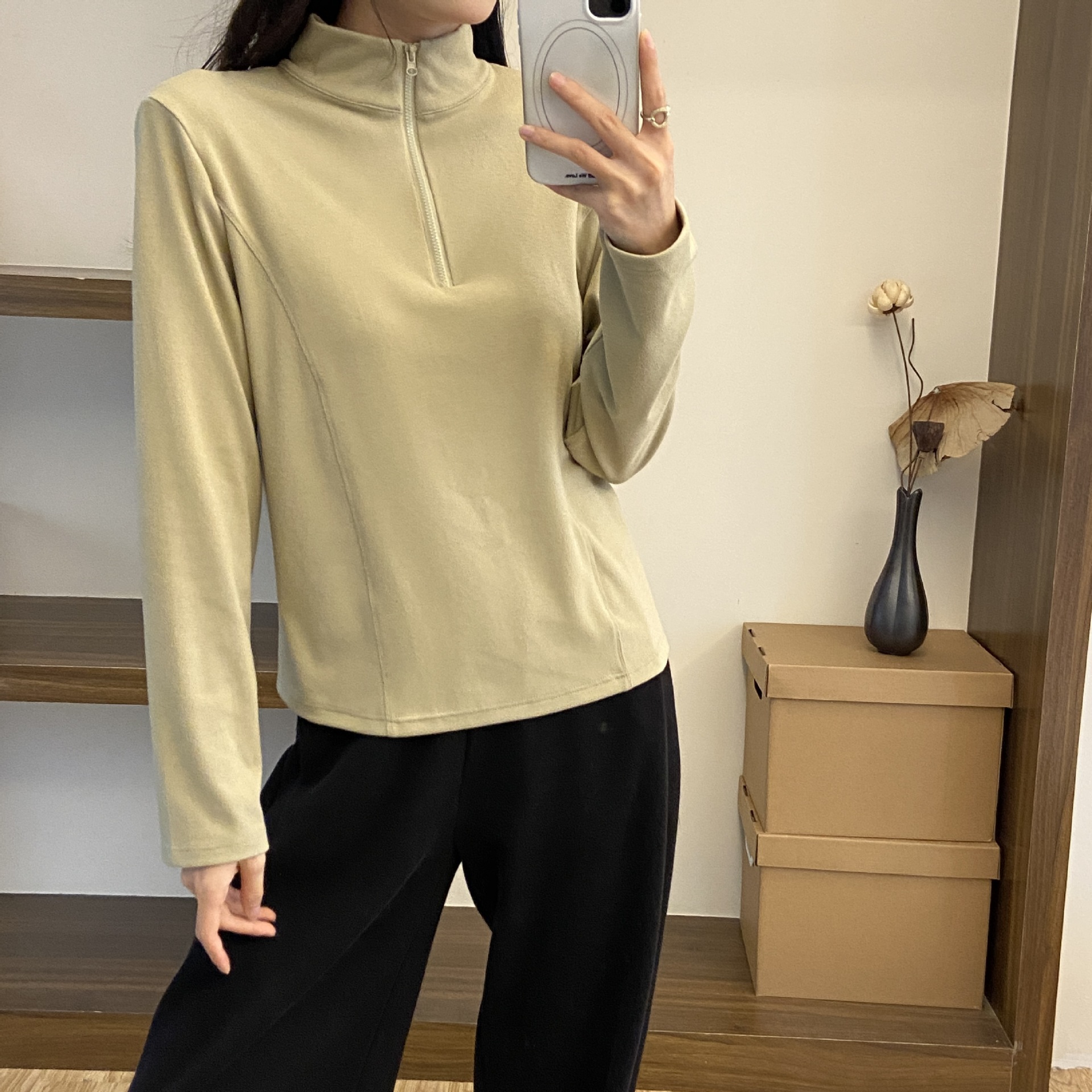 秋季新款宽松大码女装小立领内搭拉链纯色长袖卫衣2026打底衫修身