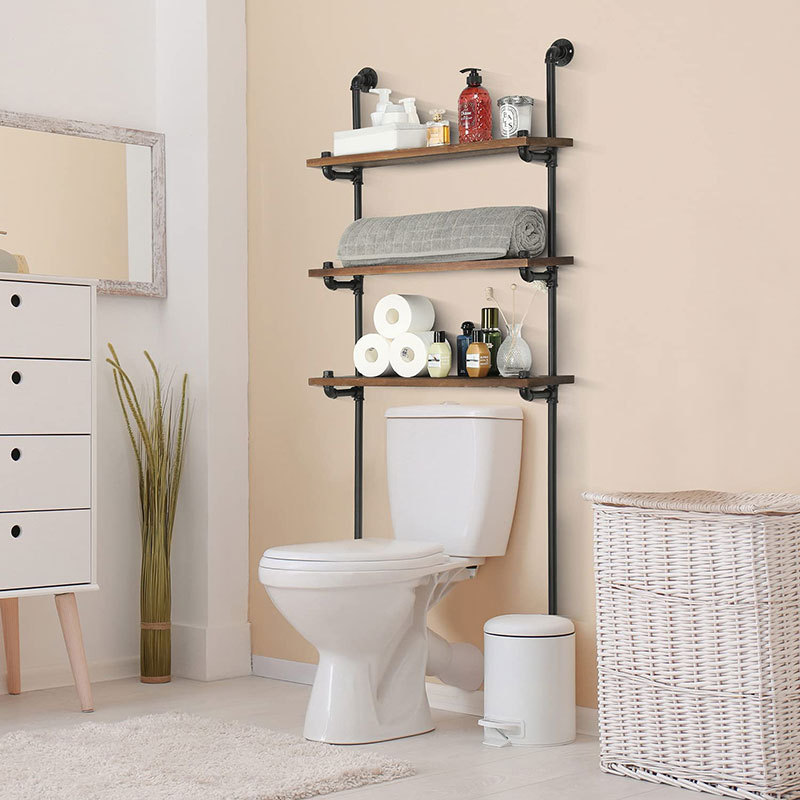 American-style industrial water pipe bathroom storage rack vintage solid wood wall-mounted bathroom toilet storage rack American-style industrial water pipe bathroom storage rack vintage solid wood wall-mounted bathroom toilet storage rack