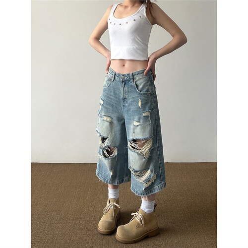 American Retro High Street Worn Hole Denim Seven-Tenth Pants Men and Women Loose Slim Legged Casual 7-Tenth Pants 