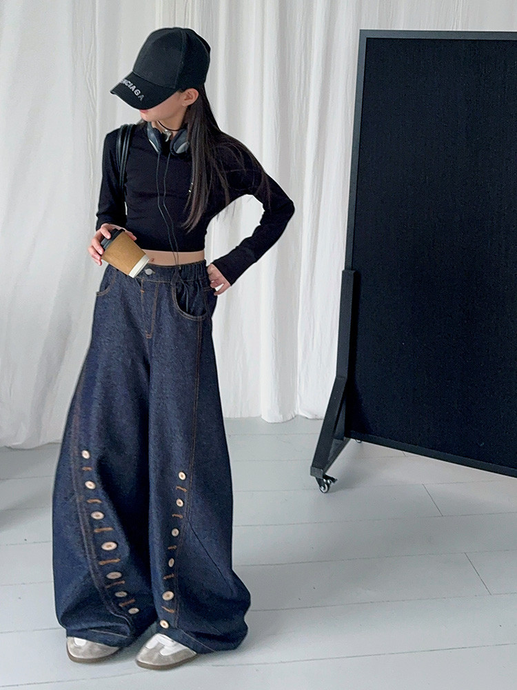 Men's Clothing Buttoned Scimitar Jeans Vintage Button-Fly Curved Hem Jeans For Kids - Soft Denim Stretch Comfort Fit (120-170cm, Unisex)_mkmklike.com