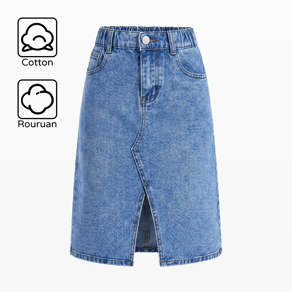 Cross-Border Foreign Trade Supply Girls' High-Waisted Slit Skirt, Washed Vintage Versatile Casual Children's Denim Skirt in Stock