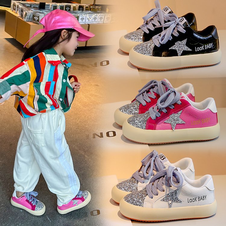Girl's Shoes Sneakers 2025 Spring New Girl's Soft Sole Casual Shoes Fashion Sequin Star White Shoes Non-slip