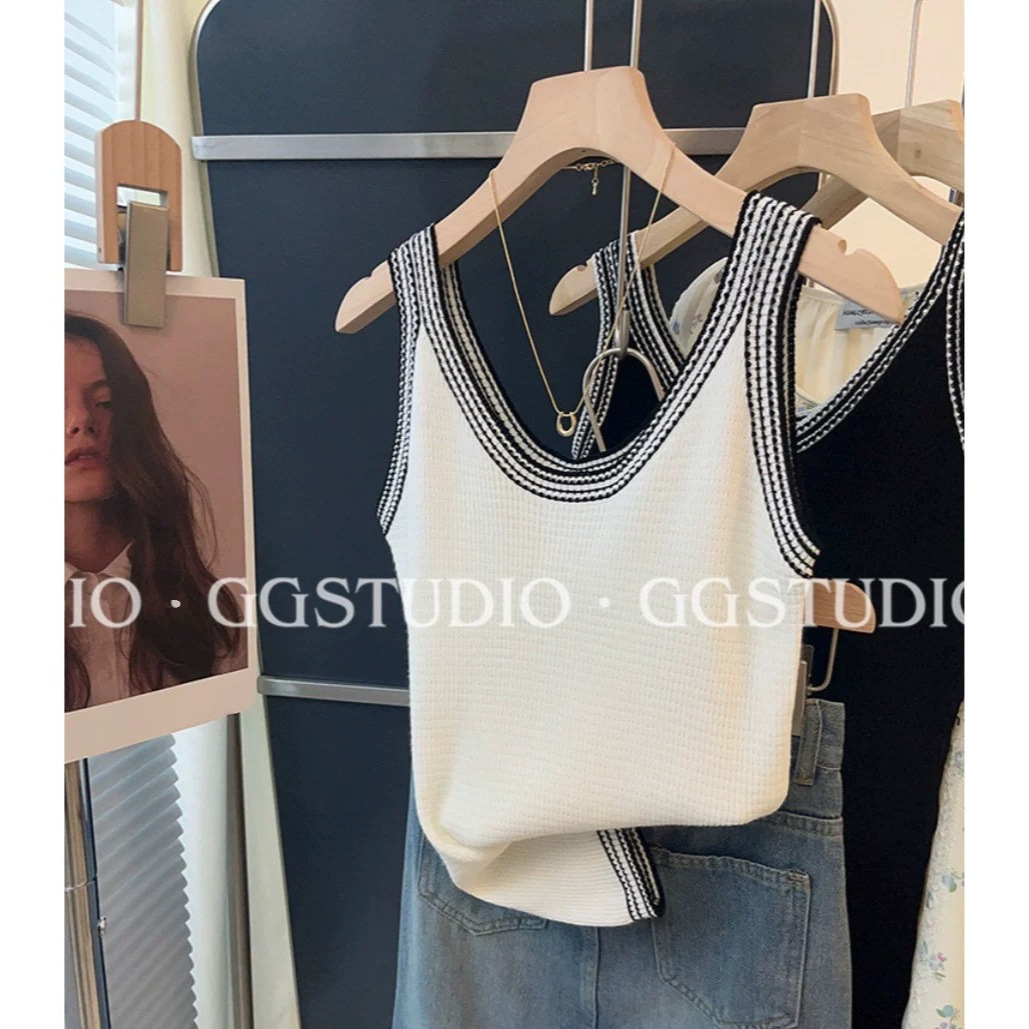 샤넬 스타일 대조 Acetic Acid Camisole 여성용 내복 여름 외부 착용 프랑스 아이스 실크 니트 민소매 탑