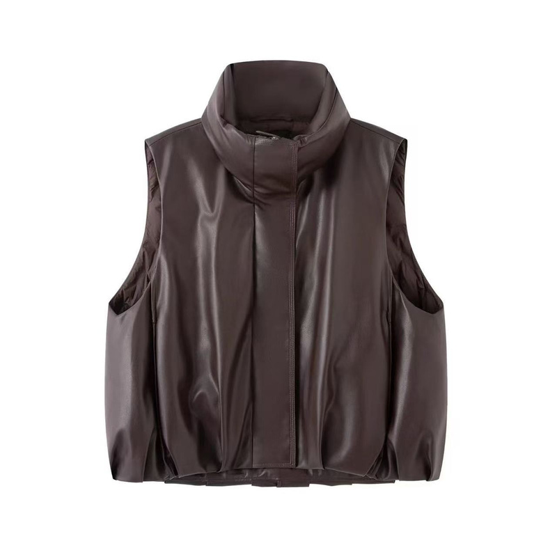 Domestic Brand 2025 Winter New Fashion Versatile Pu Leather Slim Fit Stand Collar down Vest for Women Ar004146 Domestic Brand 2025 Winter New Fashion Versatile Pu Leather Slim Fit Stand Collar down Vest for Women Ar004146