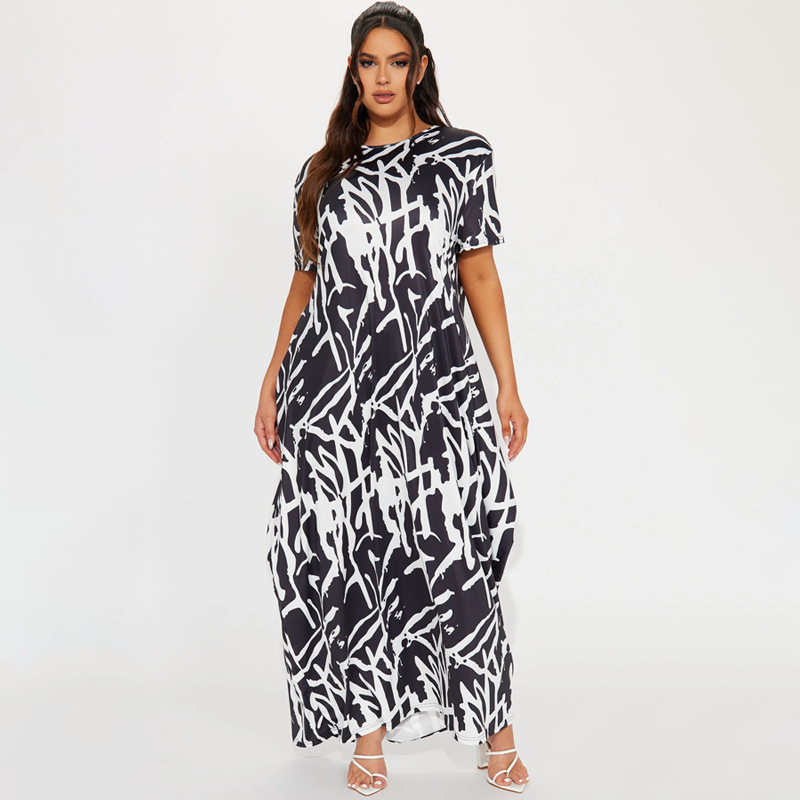 Casual Outing Abstract Printing Black White Short Sleeve Dress Comfortable Home Loose Dress