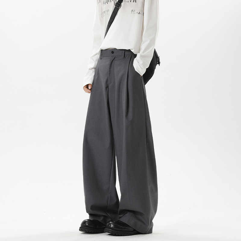 Pantaloni da uomo neri a pieghe, primavera autunno, drappeggiati, a gamba larga, casual, di tendenza, stile americano, a gamba dritta._voghion.com