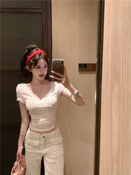[220g 40 imitation cotton] love printing lace stitching V-neck short sleeve T-shirt base shirt top