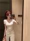 [220g 40 imitation cotton] love printing lace stitching V-neck short sleeve T-shirt base shirt top