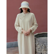 秋装新款女式棉麻中式立领盘扣九分袖连衣裙复古宽松长裙21716