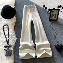 米白色阔腿针织裤女春夏新款格纹宽松加绒软糯垂感直筒休闲长裤子