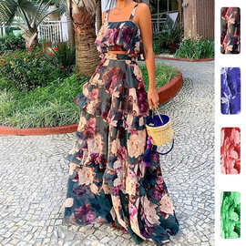 2026新款欧美女装沙滩边度假风印花两件套吊带上衣蛋糕裙长裙套装