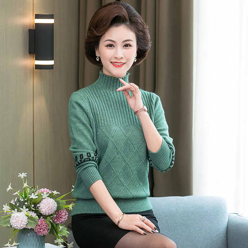 Middle-aged and elderly women's thickened sweater fashion jacquard sweater semi-high collar long sleeve mother autumn and winter sweater women