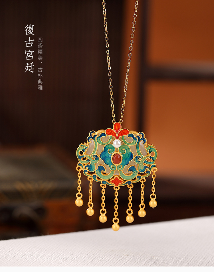 Mặt dây chuyền bạc S925 mạ vàng hình hươu bạc, ngọc bích Hòa Điền, tua rua, mây Ruyi may mắn — Phiên bản mạ bạch kim (không có chuỗi) chi tiết 2