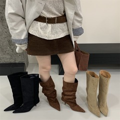 2025秋冬款长靴骑士靴棕色中筒靴子女擦色做旧复古西部牛仔靴粗跟