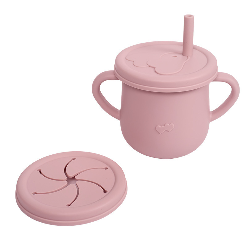 Vaso de aprendizaje para bebés con doble asa, vajilla para niños, vaso con pajita de silicona, vaso para refrigerios, vaso para agua con escala, vaso con doble tapa