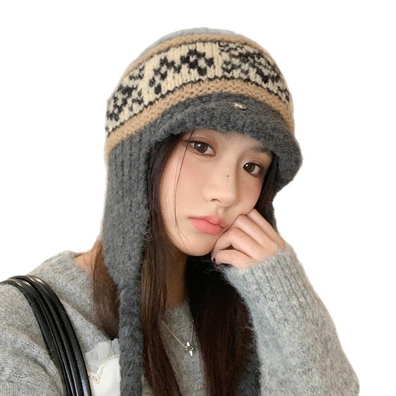 Fair Isle Style Retro Knitted Wool Autumn Winter Fleece Lined Thickened Warm Ear Protection Versatile Large Head_voghion.com