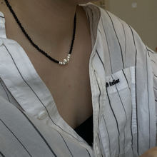 S925银天然石黑玛瑙项链女设计款小众日常手工串珠不规则银珠项链