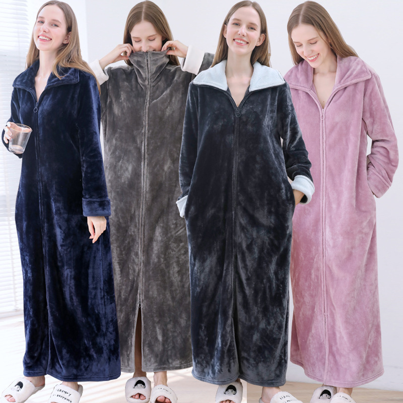 Flannel Nightgown Women's Autumn and Winter Thickened Long Zipper Nightgown Couple's Loose Large Size Bathrobe European and American One-piece Nightgown