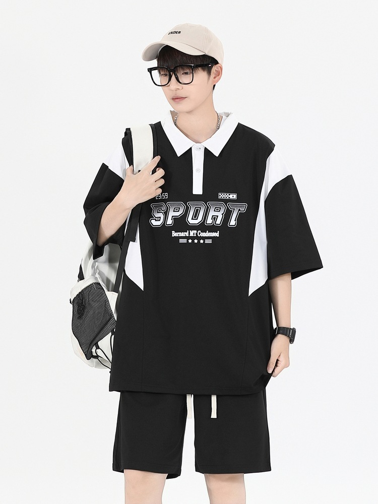 Joven hombre 2025 verano polo solapa suelta traje de manga corta marca de moda deportes de gran tamaño traje de dos piezas