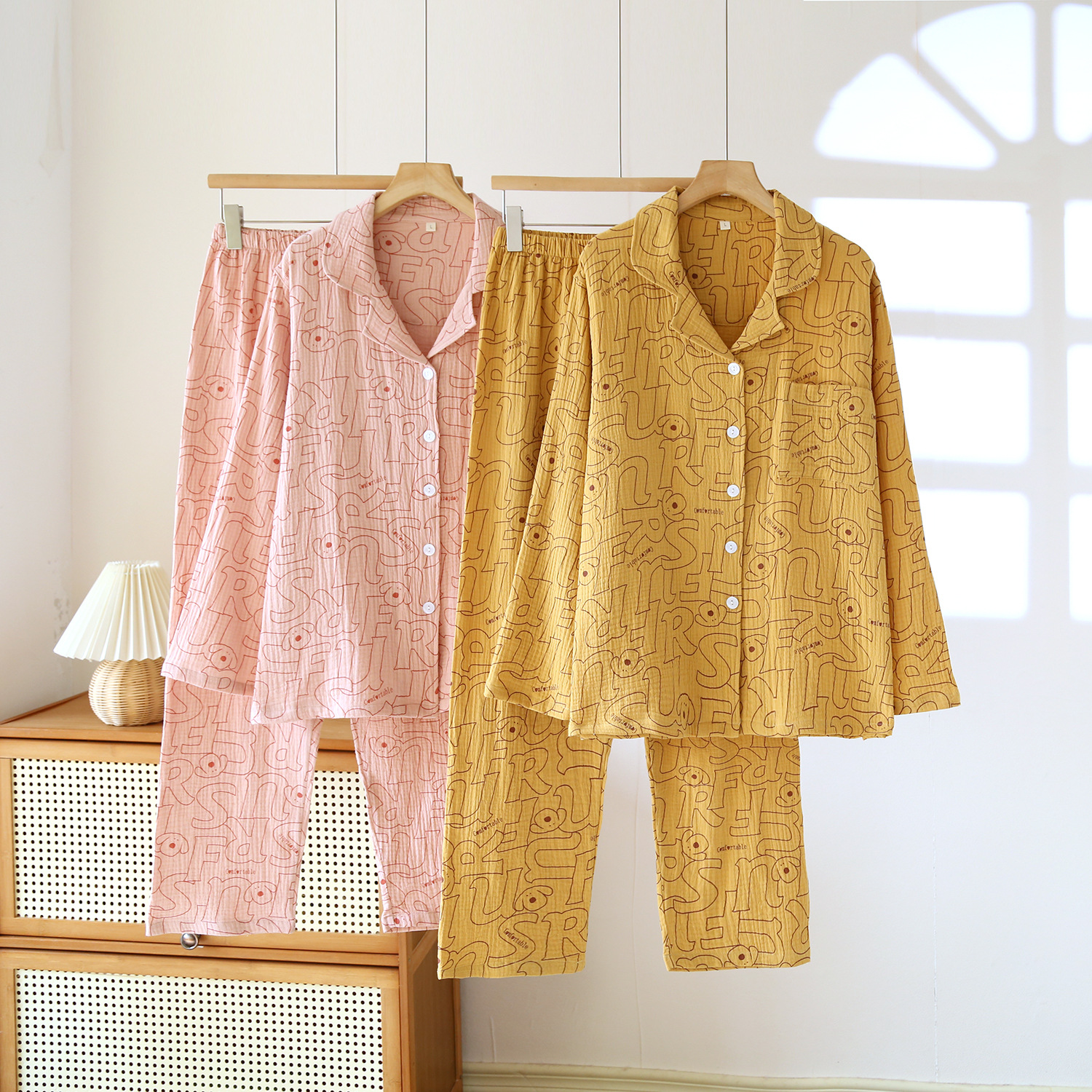 New Four Seasons Pure Cotton Crepe Women's Lapel Long Sleeve Pajamas Suit