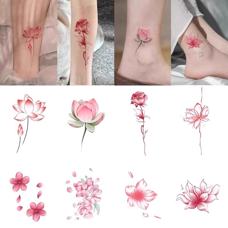 Good Luck Lotus Tattoo Sticker Waterproof for Women, Long-Lasting, Beautiful Meaning, High Aesthetic Value, Ankle, Aesthetic, Fresh, Realistic, Colorful Art