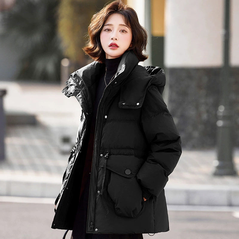 Long down jacket, mid‑length oversize with hood and drawstring waist