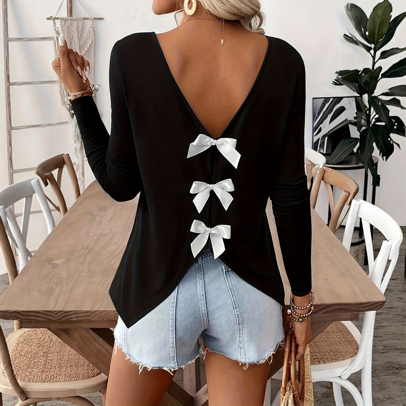 Women's Casual V-Neck Long Sleeve Top with Back Bow Detail - Comfortable and Versatile for All Seasons Women's Casual V-Neck Long Sleeve Top with Back Bow Detail - Comfortable and Versatile for All Seasons