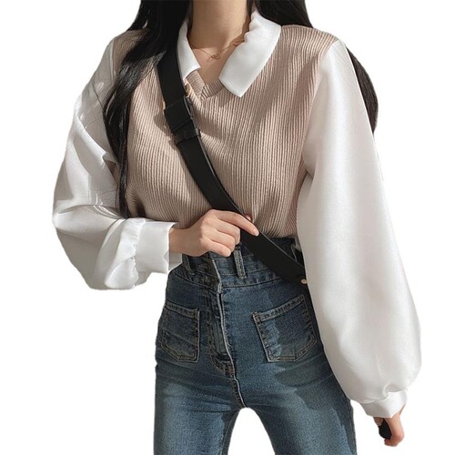 Large size fat mm fake two-piece T-shirt for women with spliced ​​POLO collar long-sleeved sweatshirt threaded loose versatile top