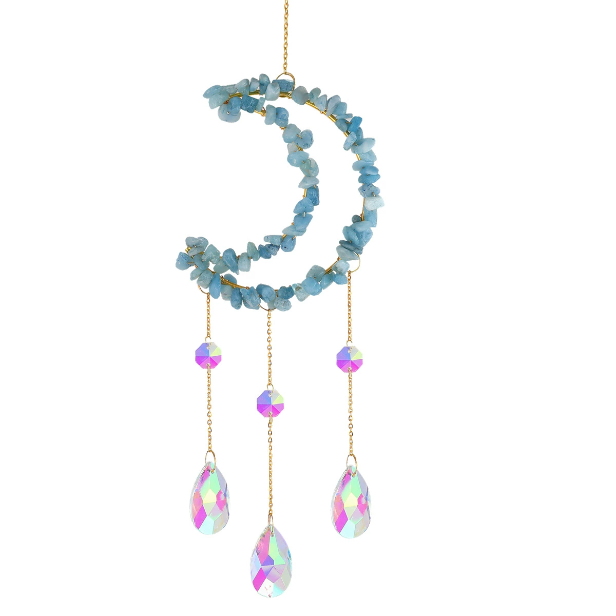 Moon & Star crystal suncatcher, natural gem chips, AB prism drops