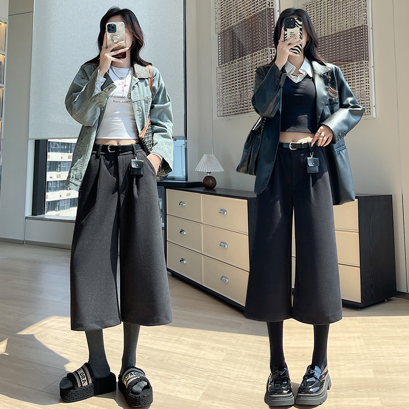 七分毛呢复古阔腿裤女秋冬高级感老钱风垂感百搭休闲中裤送配饰