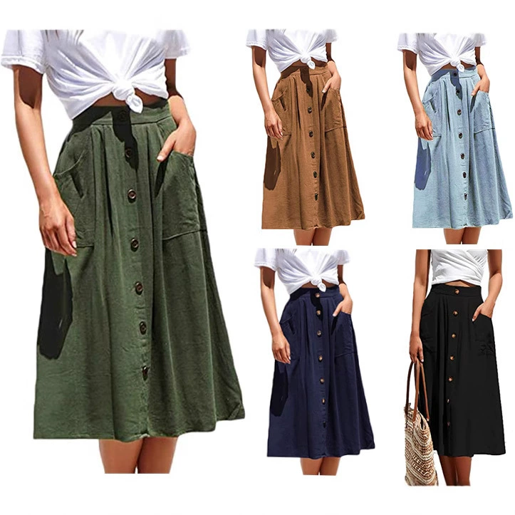 Новая коллекция Весна/Лето 2025: Хит продаж на Amazon – повседневная юбка А-силуэта на пуговицах, с завышенной талией, средней длины. Женская одежда.