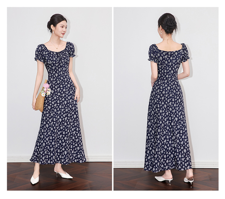 Váy liền maxi nữ phong cách Pháp cổ ren in hoa thắt eo — Màu xanh lam chi tiết 14