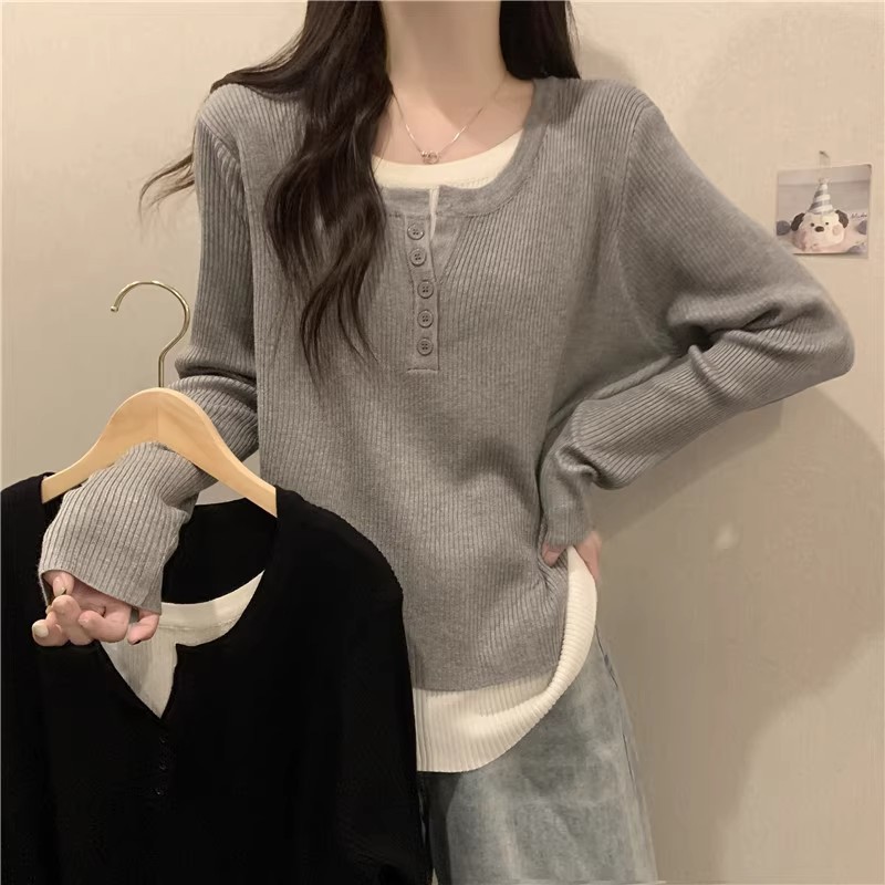 灰色假两件针织衫女学生秋冬2025新款宽松减龄打底衫上衣长袖T恤