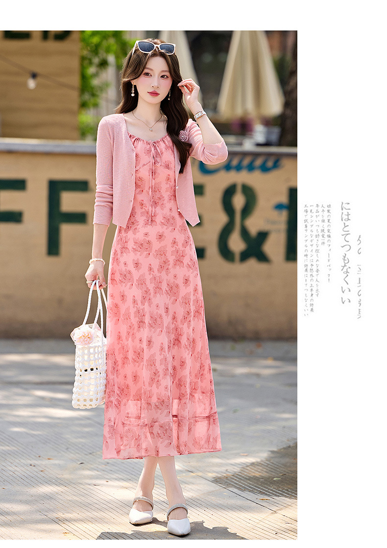 Bộ váy hai dây kèm áo khoác cardigan họa tiết hoa nhí dáng chữ A — Màu hồng, xanh lá cây chi tiết 15