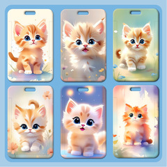 Watercolor Little Cat Card Holder Wholesale Plastic Sliding Cover Student School Meal Card Lanyard Small Cartoon Work ID Card Holder Access Card