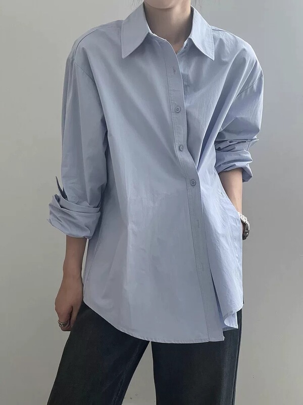 2025秋冬新款韩版不规则侧开叉长袖衬衫女宽松显瘦设计感小众上衣|undefined