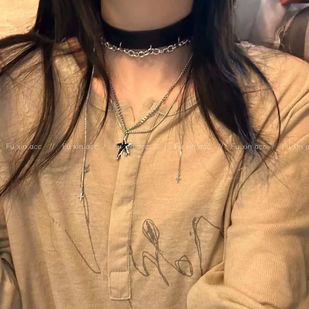 辣妹不对称四芒星流苏项链套装小众高级复古锁骨链气质choker项圈