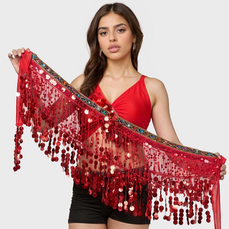 New Belly Dance Waist Chain Hip Scarf for Beginners Sequined Tassel Waist Scarf Indian Dance Performance Belt Practice Girdle
