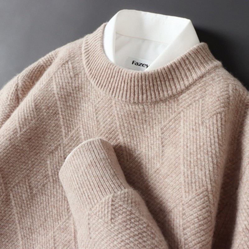 2024 Men's Base Shirt Loose Thickened Jacquard Crewneck Sweater Autumn and Winter New Solid Color Men's Knitted Base Shirt