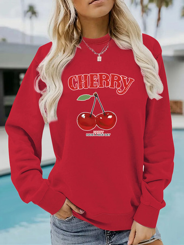 European and American cross-border autumn and winter women's casual long-sleeved round neck CHERRY cherry print crew neck sweatshirt batch