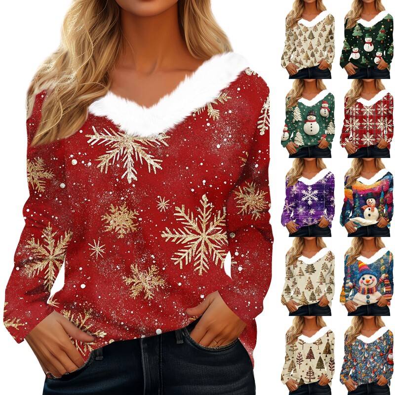 Women's Long Sleeve Christmas Printed Party Stuffed Collar V Neck Top Women's Long Sleeve Christmas Printed Party Stuffed Collar V Neck Top