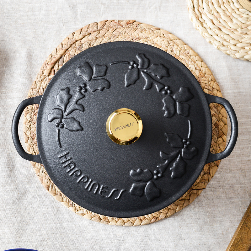 Pequeña felicidad 23cm en relieve de esmalte negro sin recubrimiento sopa olla hogar sartén antiadherente