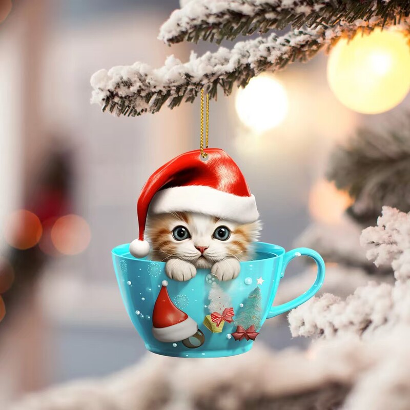 2025新款个性有趣的圣诞杯子猫咪亚克力平面圣诞饰品挂件车载挂饰|undefined