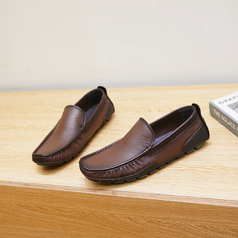 New single-layer leather bean shoes comfortable breathable flat men's leather shoes_voghion.com
