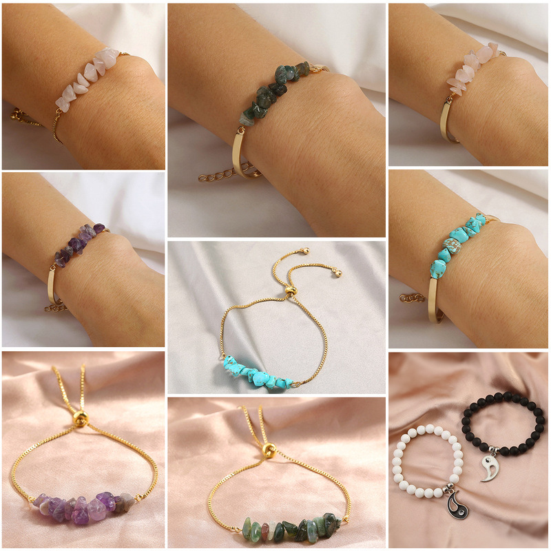European and American Cross-border Chain Bracelet Retro Natural Stone Gravel Multicolor Beaded Bracelet Women's in stock Direct Selling