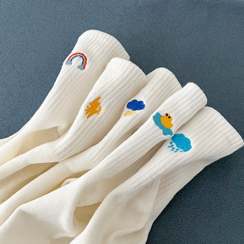 White Socks Women's Mid-length Socks ins Trendy Autumn and Winter Cute Japanese Rainbow Cotton Socks Spring and Summer Sports Stockings for Men